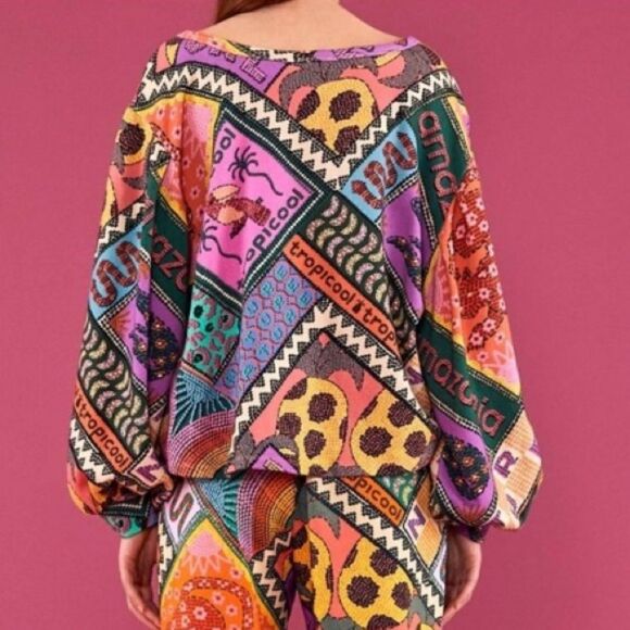 NEW FARM Rio Dotted Patch Scarf Sweatshirt Puff Sleeves Tropical Colorful Size M - Picture 4 of 15